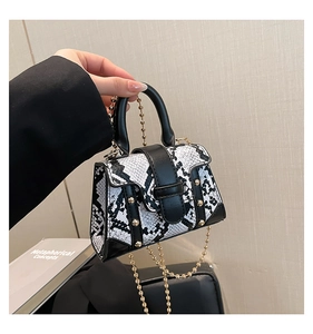 Detail of snake print crossbody bag with gold studs and beaded chain strap
