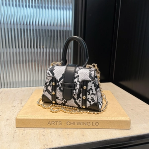 Women Mini Snake Pattern PU Leather Handbag With Gold Rivets And Metal Bead Chain Strap Fashion Top Handle Crossbody Bag