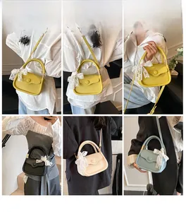 Collage of chic leather crossbody bags in four colors with decorative lace bows