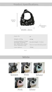 Size guide for rivet shoulder bag showing dimensions 28x16x7.5cm and material details