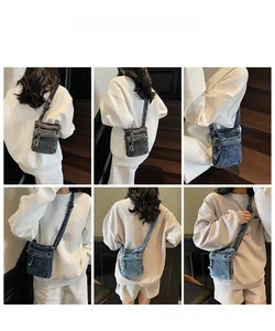 Dettagli della borsa a tracolla in denim grigio scuro e azzurro con tracolla regolabile