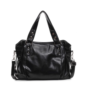 Retro black PU leather tote bag with silver rivets and adjustable shoulder strap