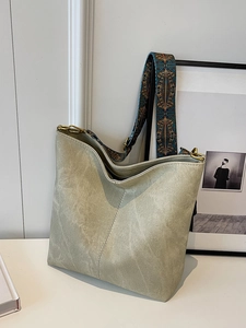 Minimalist large sage green tote bag with ethnic geometric wide shoulder strap