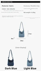 Tableau des tailles pour sac en denim indiquant les dimensions 24x19x8x21cm et bandoulière