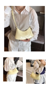 Three-way view of a cream yellow patent leather crescent bag worn on the shoulder and crossbody