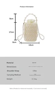 Detailed sizing chart for white pearl woven bucket bag with 110cm shoulder strap
