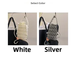 Detail view of woven pearl mini bucket bags in silver and white with drawstring linings