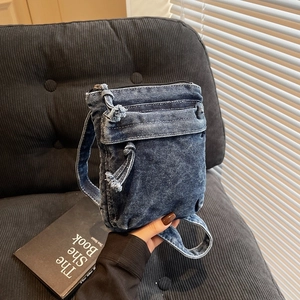Borsa a Tracolla in Denim Lavato Vintage da Donna Piccola Borsa a Spalla Verticale Con Tasche Multiple Retro Casual Messenger Bag
