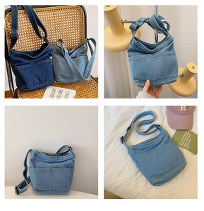 Détails du sac bandoulière minimaliste en jean avec sangle réglable et poches avant
