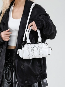 Sac à main blanc style punk en cuir PU mat avec multiples poches et boucles argentées