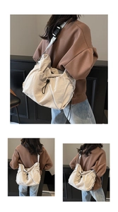 Front, back and side views of a cream drawstring crossbody bag in lightweight nylon
