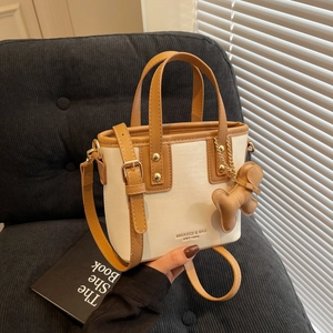 Women PU Leather Bucket Bag Contrast Color Crossbody Handbag With Dog Charm Commuting Street Style Fashion Tote Bag