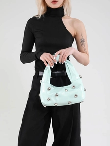 Fashion Women PU Leather Underarm Bag Rivet Studded Hobo Bag With Knotted Handle Street Trend Style Handbag Shoulder Bag