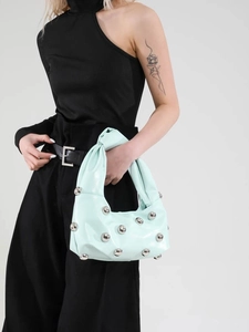 Fashionable mint green rivet underarm bag with knot handle and silver metallic beads