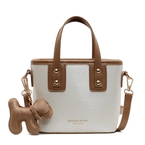 Beige tote bag with brown trim and puppy charm, crossbody strap for office commute