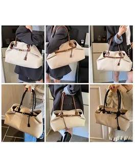 Collage of model showing various carrying angles of a large canvas tote bag with leather straps