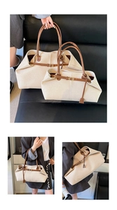Detail of beige woven tote bags in large and small sizes with brown leather trim and handles