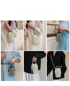 Collage of model lifestyle shots showing woven pearl bucket bag in white and black colors