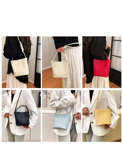 Detailed views of leather bucket bags in multiple colors with woven shoulder strap knots