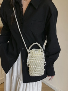 Elegant Artificial Pearl Woven Bucket Bag Handmade Beaded Crossbody Handbag Drawstring Satin Pouch For Wedding Party Women