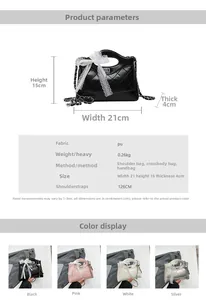 Size chart for quilted PU chain bucket bag with lace bow showing dimensions and colors