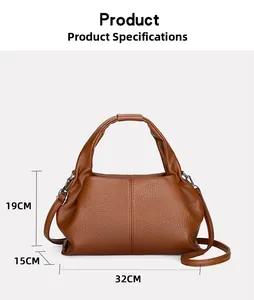 Detailed dimensions of the dark brown lychee leather handbag showing 32cm length and 19cm height