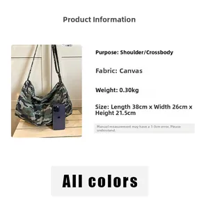 Size comparison of camouflage canvas messenger bag with a smartphone for scale