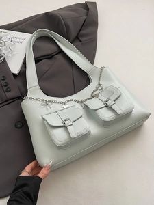 Vintage PU Leather Underarm Bag For Women Multi Pocket Shoulder Bag With Metal Chain Heart Charms Streetwear Y2K Tote Bag
