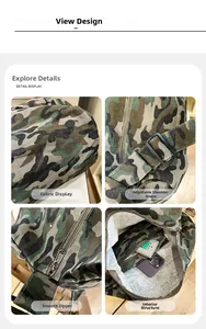 Detailed views of camouflage canvas bag with adjustable strap, smooth zipper and large interior