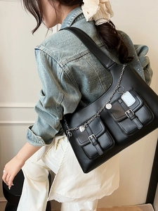 Black faux leather tote bag with multi-pockets and vintage silver chain charms