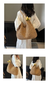 Detailed views of a large woven straw tote bag for women showing size and shoulder fit