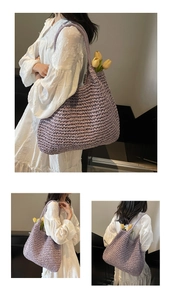 Detailed macro view of light purple woven tote bag with intricate crochet diamond texture