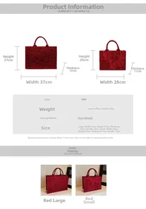Detailed size comparison table for small and large red floral bridal tote bags
