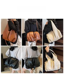 Three-color large capacity tote bags shown on model in brown, beige, and black colors