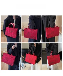 Detail showing multi-angle views of a red tote bag with dense floral embroidery