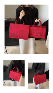 Detail showing two sizes of red floral embroidered tote bags with handle contrast