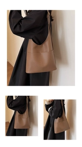 Vertical collage of brown leather hobo bag showing retro minimalist design and strap detail