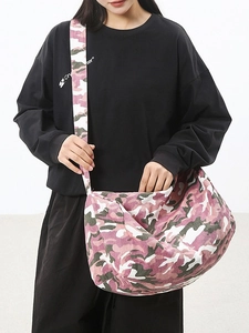 Casual large capacity canvas crossbody bag with pink and green camouflage print for women
