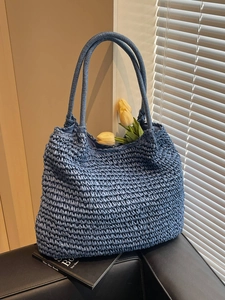 Blue woven tote bag for women with large capacity, ideal for casual office shoulder use