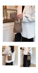 Litchi pattern leather bucket bag with matching small pouch and adjustable shoulder strap