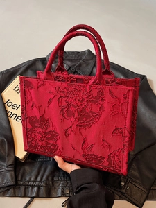 Elegant Red Jacquard Floral Tote Bag For Women Vintage Embroidered Bridal Wedding Handbag Large Capacity Fabric Top Handle Bag