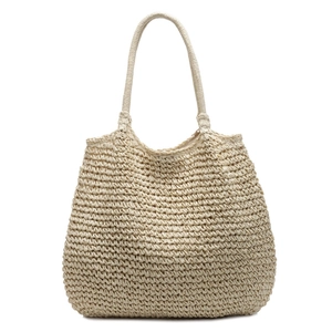 Large beige woven straw tote bag with integrated round top handles for casual office style