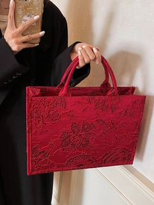 Elegant red jacquard tote bag for wedding featuring vintage floral patterns and top handles