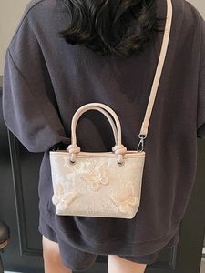 Mini Sac Seau pour Femmes Broderie Papillon 3D Tissu en Dentelle Sac à Main Bandoulière Avec Sangle Réglable Sac à Mode