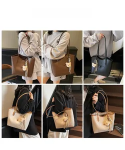 Collage of model carrying retro large capacity tote bags in brown, black and beige colors