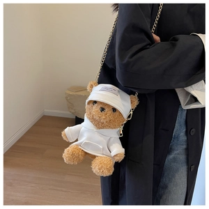 Cute brown plush teddy bear bag with white hoodie and gold chain strap detail