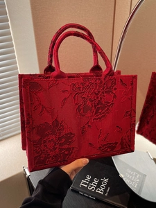 Elegant red bridal tote bag with floral jacquard pattern and double handles