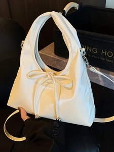Damen Stilvolle Glänzende PU Leder Hobo Tasche Mit Schleife Kordelzug Und Metallperlen Elegante Handtasche Umhängetasche