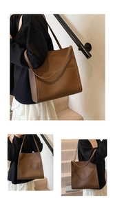Detail of dark brown tote bag showing pebble leather texture and front pocket