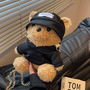 Cute Teddy Bear Shape Plush Crossbody Bag For Women 2025 Winter Fashion Metal Chain Shoulder Bag Street Style Small Handbag